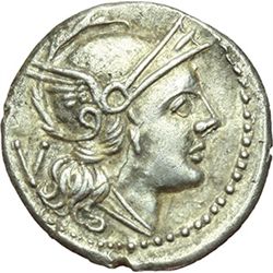 Roman Republican.    'H' series. Quinarius, South East Italy ca 211-210. Obv.: Helmeted head of Roma