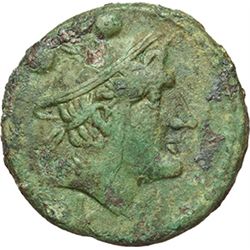 Roman Republican.     Sextans, Luceria ca 214-212. Obv.: Head of Mercury right, above two pellets, b