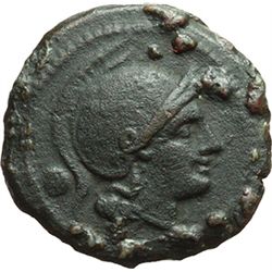 Roman Republican.     Uncia, ca 214-212. Obv.: Head of Roma right, wearing Attic helmet; behind pell