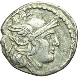 Roman Republican.    'Q' series. Quinarius, Apulia (?) ca 211-210. Obv.: Helmeted head of Roma right
