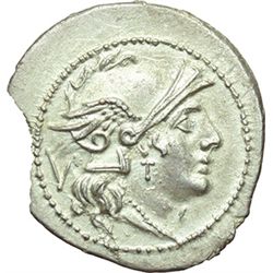 Roman Republican.    'MT' series. Quinarius, Apulia (?) ca 211-210. Obv.: Helmeted head of Roma righ