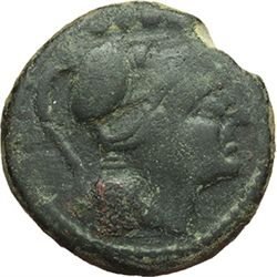 Roman Republican.    'Staff and club' series. Triens, Central Italy circa 208. Obv.: Helmeted head o