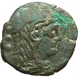 Roman Republican.    'Staff and club' series. Quadrans, Central Italy ca 208. Obv.: Head of Hercules