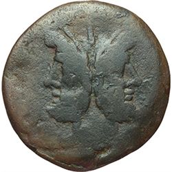 Roman Republican.    'Staff' series. As, ca 206-195. Obv.: Laureate head of Janus, above mark of val