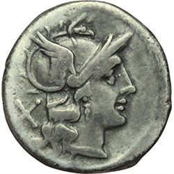 Roman Republican.    'Rostrum tridens' series. Denarius, ca 206-195. Obv.: Helmeted head of Roma rig