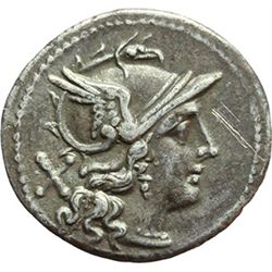 Roman Republican.    'Rudder' series. Denarius, ca 206-195. Obv.: Helmeted head of Roma right; behin