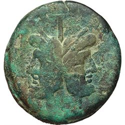 Roman Republican.    'Helmet' series. As, ca 206-195. Obv.: Laureate head of Janus, above mark of va