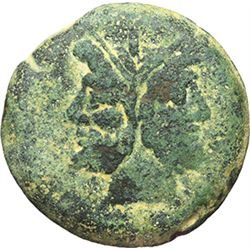 Roman Republican.    'Knife' series. As, ca 206-195. Obv.: Laureate head of Janus, above mark of val