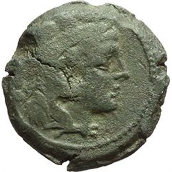 Roman Republican.    'Knife' series. Quadrans, ca 209-195. Obv.: Head of Hercules right, wearing lio