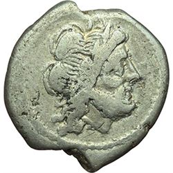 Roman Republican.    'Dog' series. Victoriatus, ca 206-195. Obv.: Laureate head of Jupiter right. Re