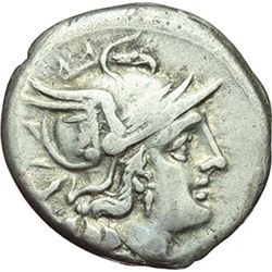 Roman Republican.    'Dog' series. Denarius, ca 206-195. Obv.: Helmeted head of Roma right; behind X