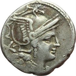 Roman Republican.    'Pentagram' series. Denarius, ca 206-200. Obv.: Helmeted head of Roma right; be