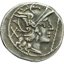 Roman Republican.    'Staff and feather' series. Denarius, uncertain mint ca 206-200. Obv.: Helmeted