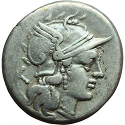 Roman Republican.    'TAMP' series. Denarius, ca 194-190. Obv.: Helmeted head of Roma right; behind 