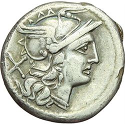 Roman Republican.    'LPLH' series. Denarius, ca 189-180. Obv.: C·ANTEST – I Helmeted head of Roma r