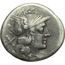 Roman Republican.    'AN or AV' series. Denarius, ca 194-190. Obv.: Helmeted head of Roma right; beh