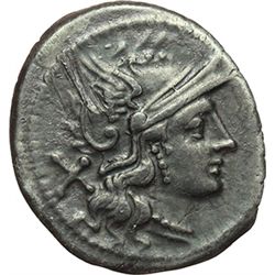 Roman Republican.    'P.MAE' series. Denarius, ca 194.190. Obv.: Helmeted head of Roma right; behind