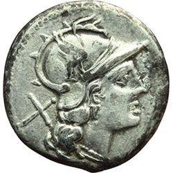 Roman Republican.    'Small bird and TOD' series. Denarius, ca 189-180. Obv.: Helmeted head of Roma 