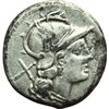 Image 1 : Roman Republican.    'Small bird and TOD' series. Denarius, ca 189-180. Obv.: Helmeted head of Roma 