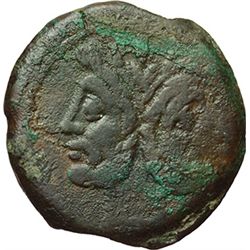 Roman Republican.    'Bull and MD' series. As, ca 189-180. Obv.: Laureate head of Janus, above mark 