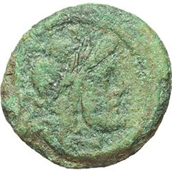 Roman Republican.    'Victory and spearhead' series. Semis, ca 189-180. Obv.: Laureate head of Satur