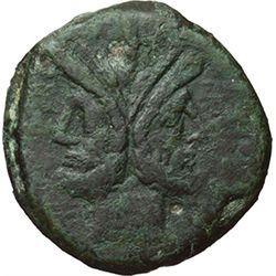 Roman Republican.    Q. Marius. As, ca 189-180. Obv.: Laureate head of Janus; above mark of value I.