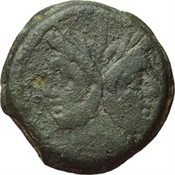 Roman Republican.    M. Titinius. As, ca 189-180. Obv.: Laureate head of Janus; above mark of value 