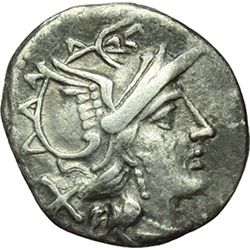 Roman Republican.    'Feather' series. Denarius, ca 179-170. Obv.: Helmeted head of Roma right; behi