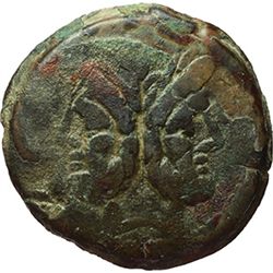 Roman Republican.    A. Caecilius. As, ca 169-158. Obv.: Laureate head of Janus; above mark of value