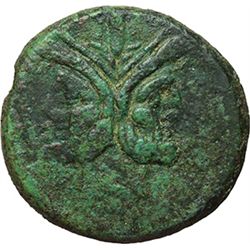 Roman Republican.    A. Caecilius. As, ca 169-158. Obv.: Laureate head of Janus, above mark of value