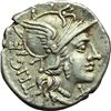 Image 1 : Roman Republican.    C. Curatius f. Trigeminus. Denarius, ca 135. Obv.: Helmeted head of Roma r.; be