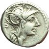 Image 1 : Roman Republican.    D. Silanus L.f. Denarius, ca 91. Obv.: Helmeted head of Rome right; behind P (o