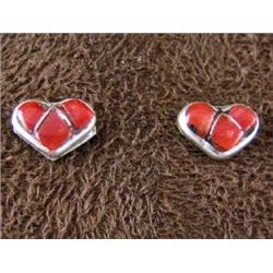 Native American Sterling Silver & Coral Inlay Heart Earrings