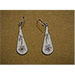 Sterling Silver Flower Inlay Earrings, Signed Alpaca Mexico 2” Length