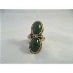 Silver and green oval stone ring
