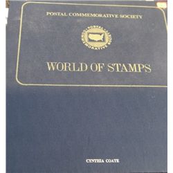 1970'S POSTAL COMMEMORATIVE SOCIETY *WORLD OF STAMPS BOOK FILLED WITH 80 LARGE STAMPS INCL CHURCHILL