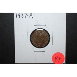 1937-A German 1 Reichspfennig Foreign Coin With Flying Eagle Holding Swatstika; EST. $10-20