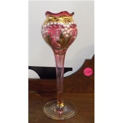Hand Painted Red cut to clear Vase white flowers & green leaves trimmed heavy in gold  approx. 3" x 