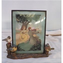 Porcelain Birds on bark  With Victorian Couple approx 10" x 9" with picture---picture is removable