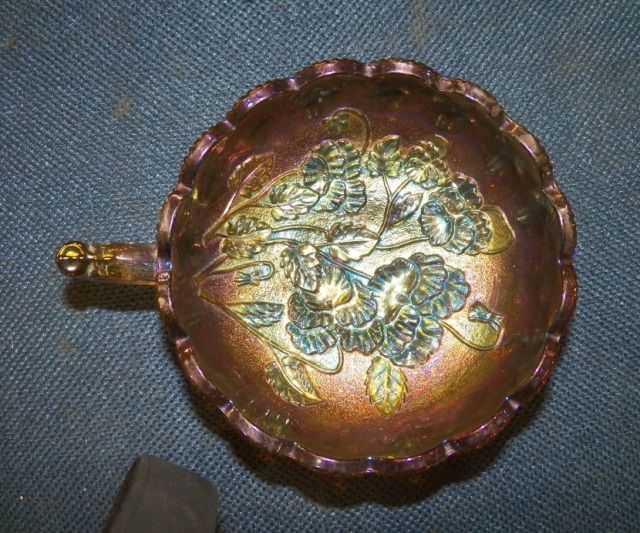 Purple Carnival Glass Handled Candy Dish approx. 7" x H 2.5"