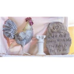 Tin Rooster, Cement Plaque, Cement yard stand Rooster is 12"x11"approx.
