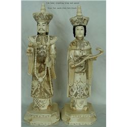 Hand Carved Bone Standing King and Queen 14"