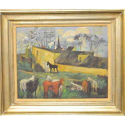 Framed oil painting signed Gus Meyer "Horses"