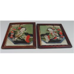 Pair framed Chinese reverse paintings on glass