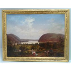 19th c. oil painting "Hudson River Scene"