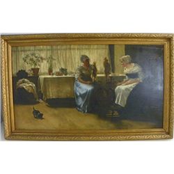 19th c. oil painting "Dutch Girl Spinning Yarn"