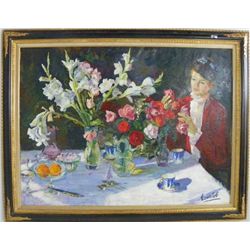 Oil painting "Floral Table Still LIfe with Lady"