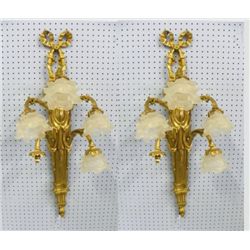 Pair gilt 5 light wall sconces with shades