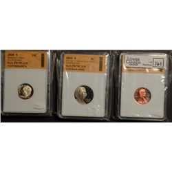 USA; Cent 2008 S, 5 Cents 2008 S & 10 Cents 2008 S all SGS PR70CAM; Heavy Cameo. Lot of 3 coins.