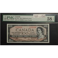 1954 Bank of Canada; 100 Dollars, PMG AU-58 EPQ Carlton BC-35a, Devil's Face A/J1256896 well graded.